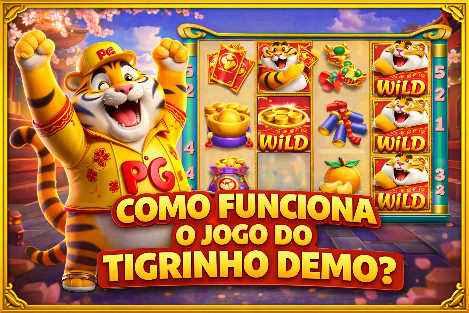 Banner Tigrinho Demo com bônus WILD do Fortune Tiger e texto Como funciona o jogo do Tigrinho Demo